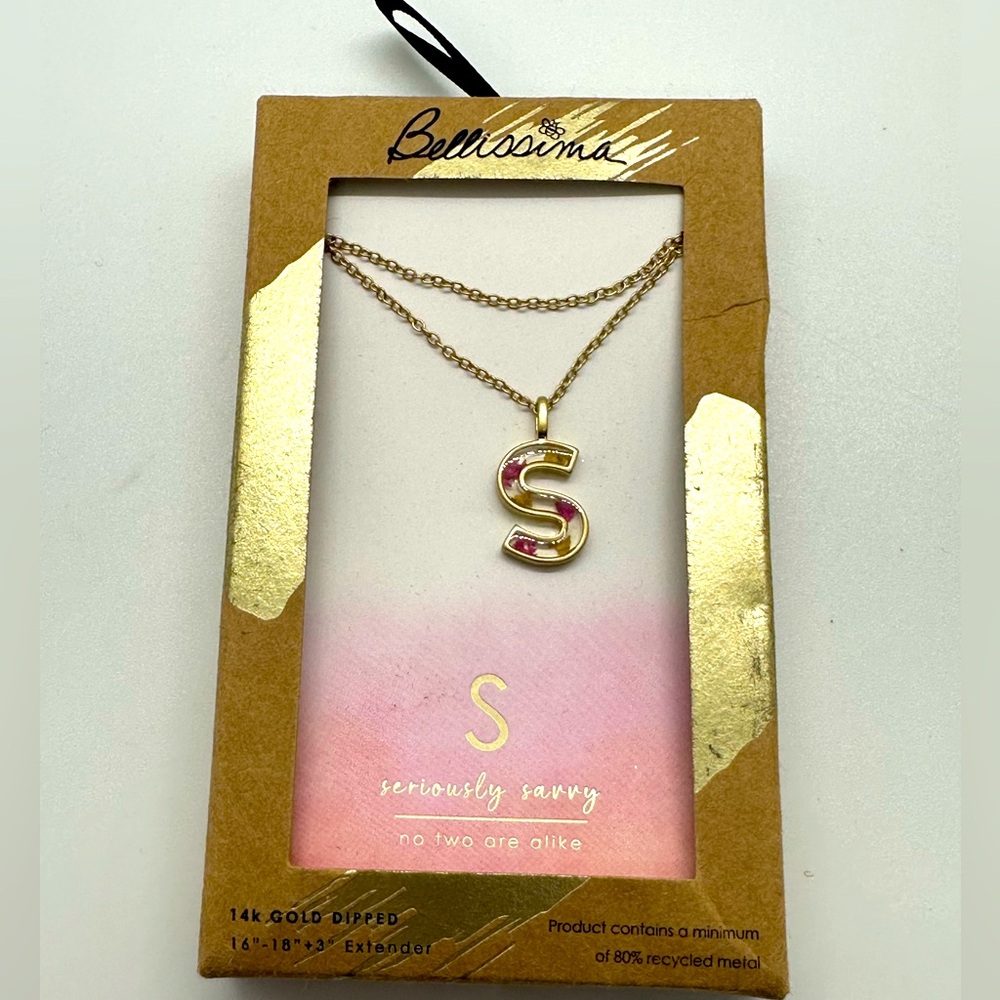Gold Dipped Resin Flower “S” initial Double Chain Necklace 16”-18” with extender